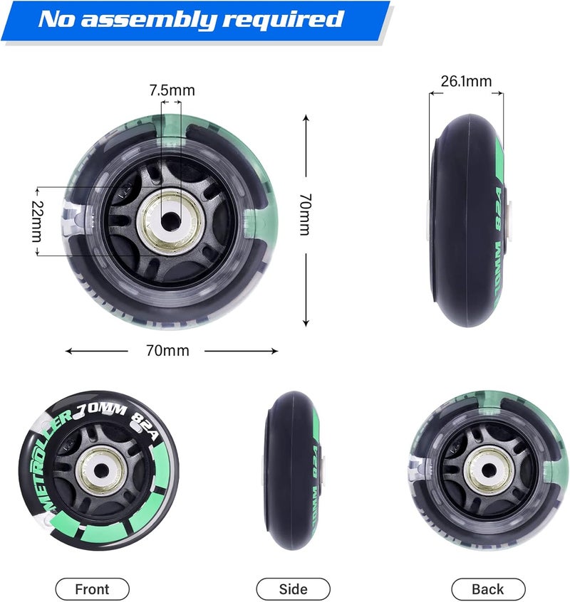 METROLLER 8 Pack 70mm Light up 82A Inline Skate Wheels with ABEC-7 Bearing, Indoor Outdoor Inline Skate Wheels Replacement Roller Blade Wheels Without Tool - Image 2